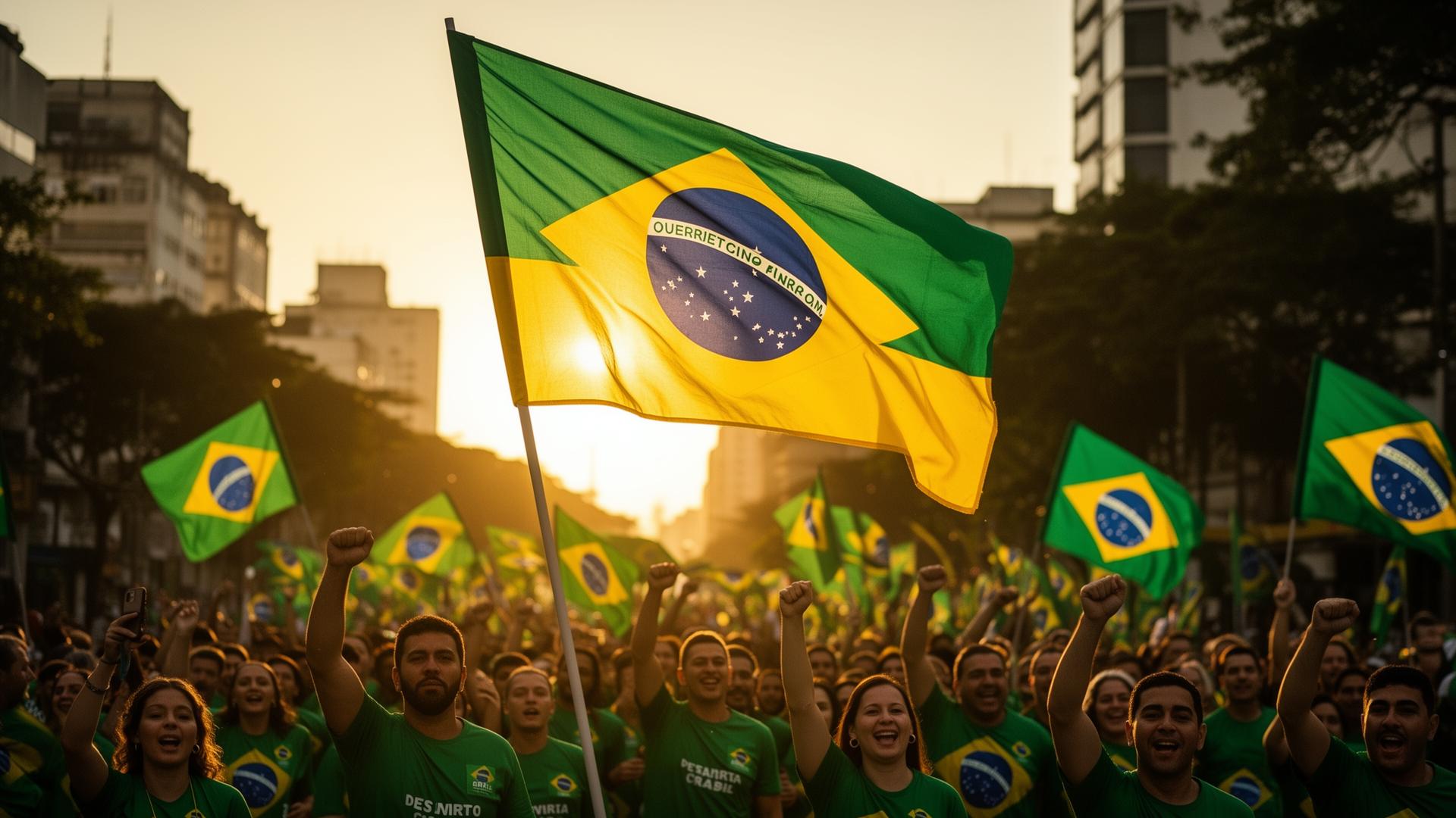 Multidão em campanha eleitoral acenando bandeiras do Brasil